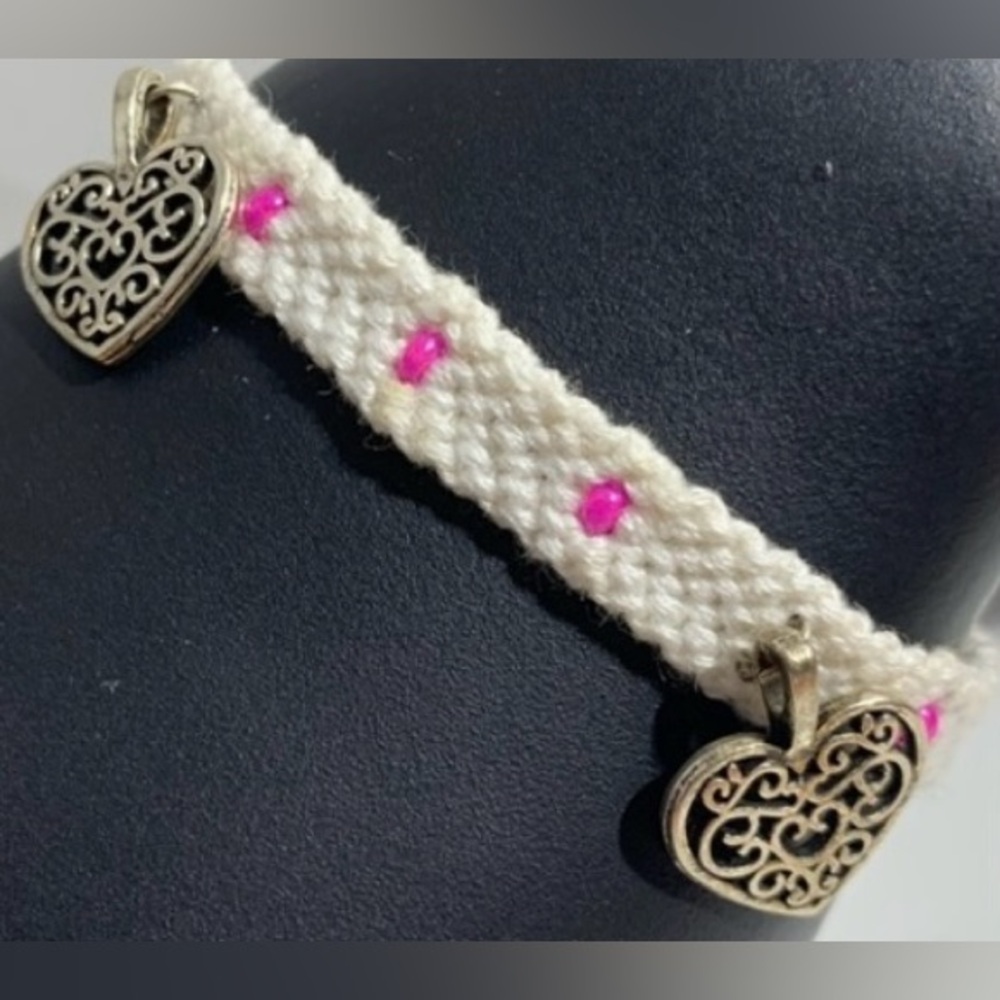 Hand crafted beaded with silver heart charms macrame bracelet